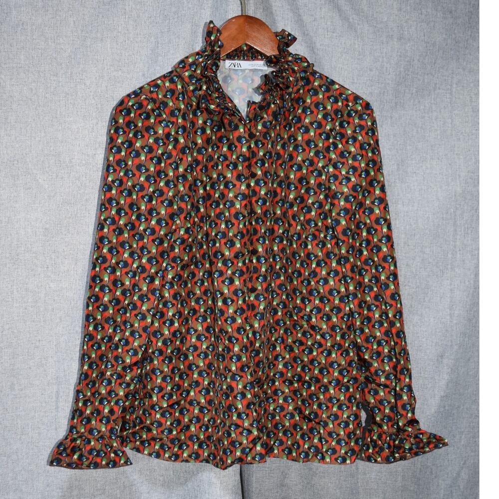Zara Multi-Color Floral Geometric Print Ruffle Collar Blouse – Size M